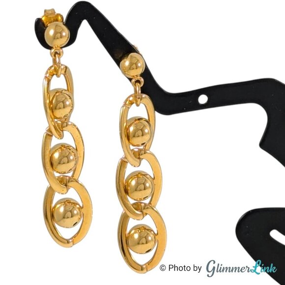 Vintage 90s Avon Golden Chain Beaded Gold Tone Pierced Dangle Earrings - Picture 1 of 10